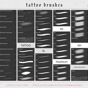 Puede incluir: Un producto de arte digital que muestra una variedad de pinceles de tatuaje, incluyendo estilos de punteado, sombra y delineador. La imagen muestra muestras de pinceles con nombres como "RS", "RL" y "Magnum", y tambi&eacute;n incluye pinceles de papel. El texto en la imagen dice "tattoo brushes".