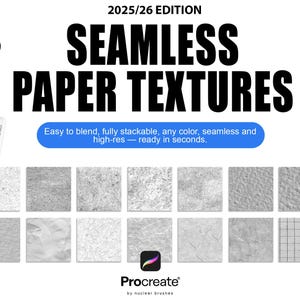 Op de afbeelding: Advertentie voor digitale papiertapetten met de tekst 'SEAMLESS PAPER TEXTURES' in vette zwarte letters. De afbeelding toont verschillende grijze papiertapetten, een tablet en een stylus. Een blauwe banner geeft aan dat de texturen gemakkelijk te mengen en te stapelen zijn.
