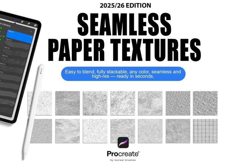 Op de afbeelding: Advertentie voor digitale papiertapetten met de tekst 'SEAMLESS PAPER TEXTURES' in vette zwarte letters. De afbeelding toont verschillende grijze papiertapetten, een tablet en een stylus. Een blauwe banner geeft aan dat de texturen gemakkelijk te mengen en te stapelen zijn.