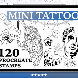 May include: A digital illustration of 120 mini tattoo designs for use with the Procreate app. The designs include a tiger, a heart, a spider web, a bandage, a knife, a flower, a smiley face, a bust of a man, and dice.