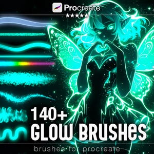 Può includere: Illustrazione digitale di una fata luminosa con accenti verde neon e un tablet che mostra le opzioni dei pennelli. L'immagine promuove oltre 140 pennelli luminosi per Procreate, con esempi di tratti di pennello color neon. Il logo Procreate è visibile.