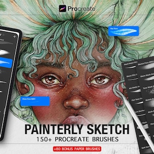 May include: Digital art illustration featuring a woman with green hair and a watercolor style. The image includes a tablet with a brush library, a stylus, and the text "Painterly Sketch 150+ Procreate Brushes".