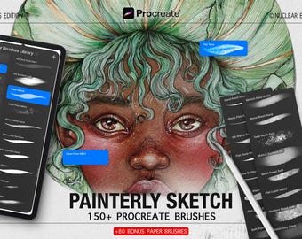 Può includere: Illustrazione di arte digitale di una donna con i capelli verdi e uno stile acquerello. L'immagine include un tablet con una libreria di pennelli, uno stilo e il testo "Painterly Sketch 150+ Procreate Brushes".