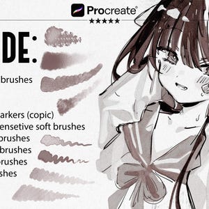 Może przedstawiać: Cyfrowa ilustracja postaci w stylu mangi z długimi włosami i kokardą. Obraz zawiera listę typ&oacute;w pędzli Procreate: szkicowanie, tusze, oł&oacute;wki, realistyczne markery, miękkie pędzle, mieszanie, ziarno, p&oacute;łtony i pędzle do papieru.