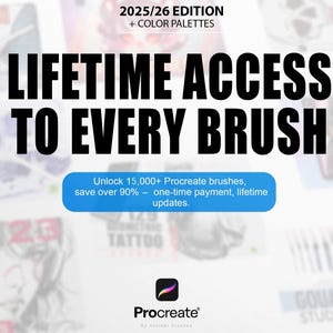 Op de afbeelding: Afbeelding met reclame voor Procreate-penselen. De tekst luidt "LEVENSLANGE TOEGANG TOT ELKE PENSEL" met een blauwe knop met de tekst "Ontgrendel 15.000+ Procreate-penselen, bespaar meer dan 90% - eenmalige betaling, levenslange updates". Het Procreate-logo staat onderaan.