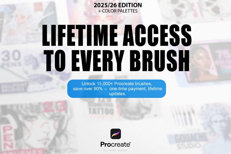 Op de afbeelding: Afbeelding met reclame voor Procreate-penselen. De tekst luidt "LEVENSLANGE TOEGANG TOT ELKE PENSEL" met een blauwe knop met de tekst "Ontgrendel 15.000+ Procreate-penselen, bespaar meer dan 90% - eenmalige betaling, levenslange updates". Het Procreate-logo staat onderaan.