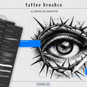 Puede incluir: Ilustraci&oacute;n en blanco y negro de un ojo dentro de una corona de espinas, con un l&aacute;piz &oacute;ptico blanco y un conjunto de pinceles de tatuaje. El texto dice "tattoo brushes" y "all brushes are handcrafted."