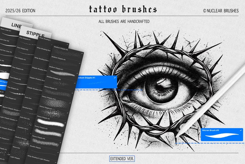 Puede incluir: Ilustraci&oacute;n en blanco y negro de un ojo dentro de una corona de espinas, con un l&aacute;piz &oacute;ptico blanco y un conjunto de pinceles de tatuaje. El texto dice "tattoo brushes" y "all brushes are handcrafted."