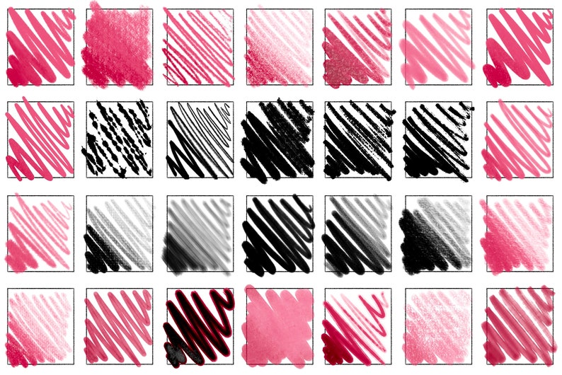 Puede incluir: Una colecci&oacute;n de 20 texturas de pinceladas digitales en varios tonos de rojo, negro y gris. Las texturas est&aacute;n dispuestas en una cuadr&iacute;cula y presentan l&iacute;neas diagonales, puntos y otros patrones abstractos.