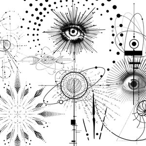 Może przedstawiać: Czarno-biała abstrakcyjna ilustracja z geometrycznymi kształtami, spiralami i oczami. Projekt zawiera elementy nauki, natury i duchowości.