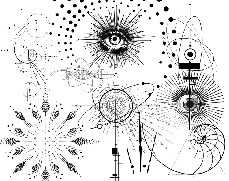 Może przedstawiać: Czarno-biała abstrakcyjna ilustracja z geometrycznymi kształtami, spiralami i oczami. Projekt zawiera elementy nauki, natury i duchowości.