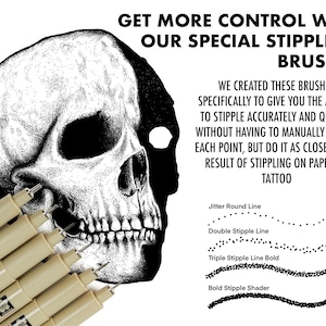 May include: A set of seven beige stippling brushes with black tips, arranged in a row. The brushes are labeled with the words "SIM" and "JM". The image also includes a black and white illustration of a skull with the text "GET MORE CONTROL WITH OUR SPECIAL STIPPLING BRUSHES" above it. The text below the skull reads "WE CREATED THESE BRUSHES SPECIFICALLY TO GIVE YOU THE ABILITY TO STIPPLE ACCURATELY AND QUICKLY WITHOUT HAVING TO MANUALLY EXPOSE EACH POINT, BUT DO IT AS CLOSE TO THE RESULT OF STIPPLING ON PAPER OR TATTOO". Below this text are four lines of stippling, labeled "Jitter Round Line", "Double Stipple Line", "Triple Stipple Line Bold", and "Bold Stipple Shader".
