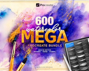 May include: Digital art bundle for Procreate featuring 600 watercolor brushes, paper textures, and stamps. The image shows a tablet with brush samples, paintbrushes, and a colorful watercolor background with the text "600 watercolor MEGA PROCREATE BUNDLE".