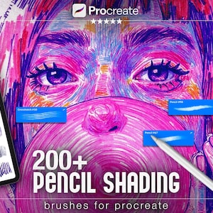 Peut inclure: Illustration numérique d'un visage rose et violet avec des yeux perçants. Une tablette affiche des pinceaux d'ombrage, avec le texte "200+ PENCIL SHADING brushes for procreate".