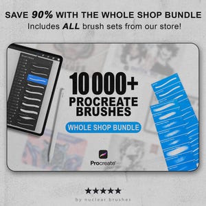 Może przedstawiać: Reklama pędzli Procreate. Obraz przedstawia tablet z rysikiem, niebieskie pr&oacute;bki pociągnięć pędzla oraz tekst "10000+ Procreate Brushes Whole Shop Bundle". Tekst "Save 90%" jest r&oacute;wnież zawarty.