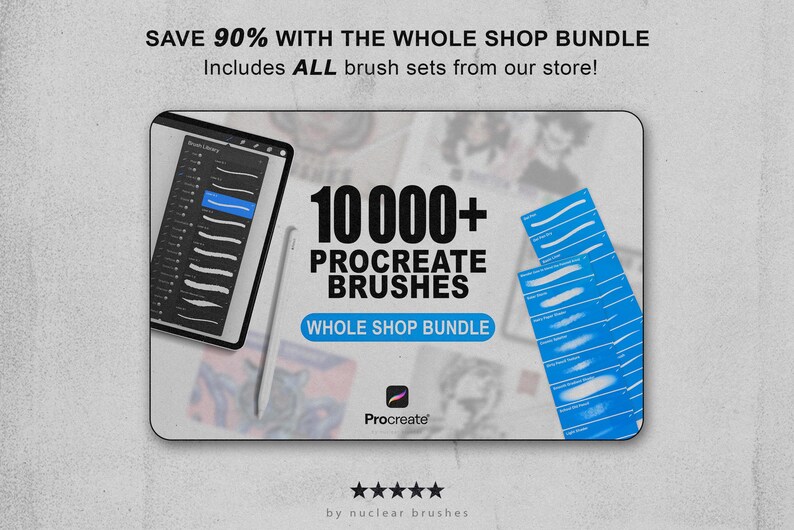 Może przedstawiać: Reklama pędzli Procreate. Obraz przedstawia tablet z rysikiem, niebieskie pr&oacute;bki pociągnięć pędzla oraz tekst "10000+ Procreate Brushes Whole Shop Bundle". Tekst "Save 90%" jest r&oacute;wnież zawarty.