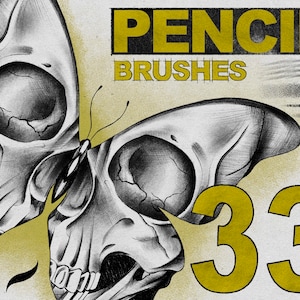 May include: A digital illustration of a butterfly with a skull design. The butterfly is drawn in shades of grey and white. The background is a light yellow with the text "PENCIL BRUSHES 33" in black and yellow.