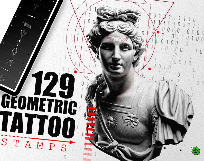 Może przedstawiać: Czarno-białe zdjęcie popiersia kobiety z geometrycznymi kształtami i kodem binarnym w tle. Tekst "129 Geometric Tattoo Stamps" znajduje się na pierwszym planie.