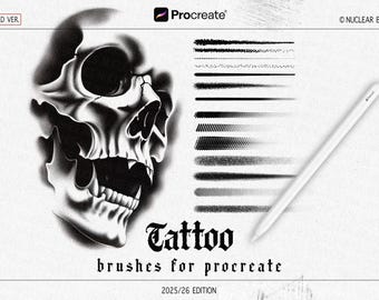 Può includere: Immagine in scala di grigi con un'illustrazione dettagliata di un teschio, pennelli per tatuaggi e uno stilo bianco. Il testo recita "Tattoo brushes for Procreate" e "2025/26 Edition". Il logo Procreate è visibile, insieme al testo "Extended Ver."