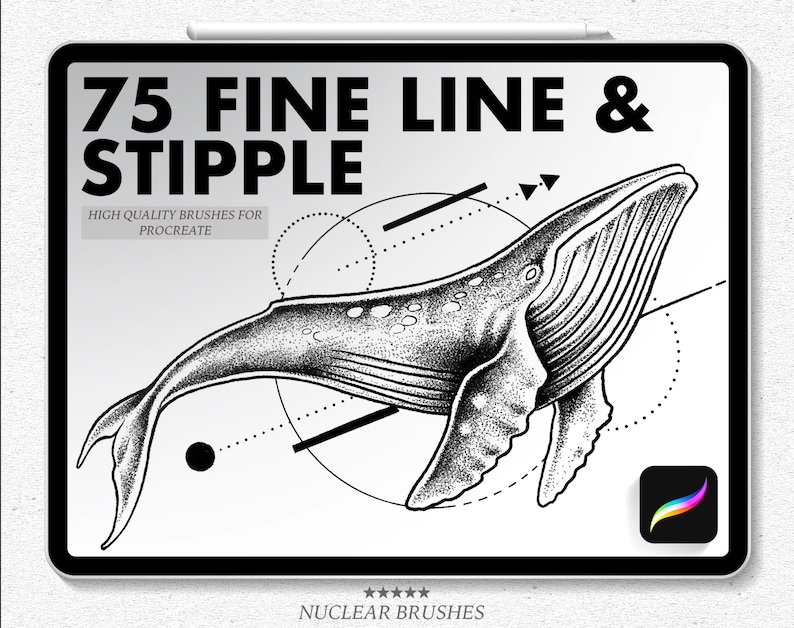 May include: A digital illustration of a whale drawn in black and white using fine lines and stippling. The whale is surrounded by geometric shapes and the text "75 FINE LINE & STIPPLE" and "HIGH QUALITY BRUSHES FOR PROCREATE" are visible at the top of the image.