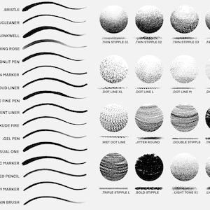 May include: A chart showing different brush strokes and textures for digital art. The chart includes 18 different brush strokes and 16 different textures. The brush strokes are labeled with names like "Bristle", "Vintage Nucleaner", "Guruinkwell", "Blushing Rose", "Moonlit Pen", "Grain Marker", "Thundercloud Liner", "Majestic Fine Pen", "Permanent Liner", "Kude Fire", "Gel Pen", "Casual One", "Graphic Marker", "Textured Pencil", "Dry Marker", and "Main Brush". The textures are labeled with names like "Thin Stipple 01", "Thin Stipple 02", "Thin Stipple 03", "Fall Off Stipple", "Dot Line XL", "Dot Line L", "Dot Line M", "Dot Line S", "Wet Dot Line", "Jitter Round", "Double Stipple", "Triple Stipple B", "Triple Stipple L", "Bold Stipple", "Light Tone 01", and "Light Tone 02".