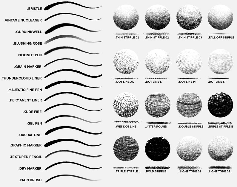 May include: A chart showing different brush strokes and textures for digital art. The chart includes 18 different brush strokes and 16 different textures. The brush strokes are labeled with names like "Bristle", "Vintage Nucleaner", "Guruinkwell", "Blushing Rose", "Moonlit Pen", "Grain Marker", "Thundercloud Liner", "Majestic Fine Pen", "Permanent Liner", "Kude Fire", "Gel Pen", "Casual One", "Graphic Marker", "Textured Pencil", "Dry Marker", and "Main Brush". The textures are labeled with names like "Thin Stipple 01", "Thin Stipple 02", "Thin Stipple 03", "Fall Off Stipple", "Dot Line XL", "Dot Line L", "Dot Line M", "Dot Line S", "Wet Dot Line", "Jitter Round", "Double Stipple", "Triple Stipple B", "Triple Stipple L", "Bold Stipple", "Light Tone 01", and "Light Tone 02".