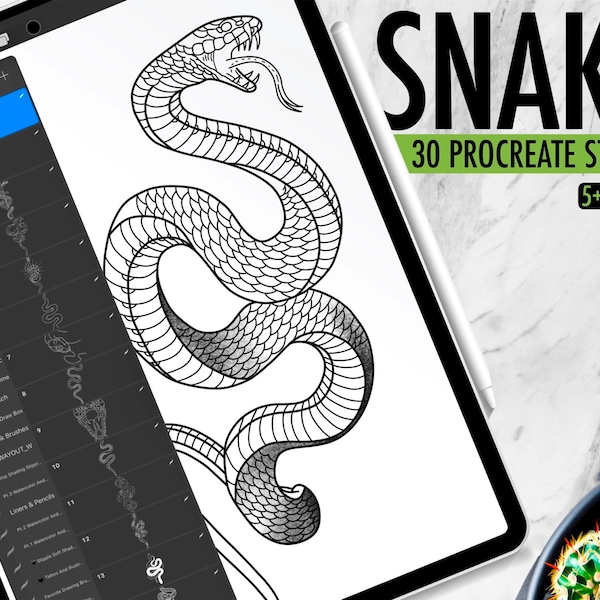 30 Snake Procreate Stamps, Procreate Snake Brushes, Procreate Snake Tattoo Stamps, Handgetekende Procreate Brushes, Procreate, Snake, Tattoo