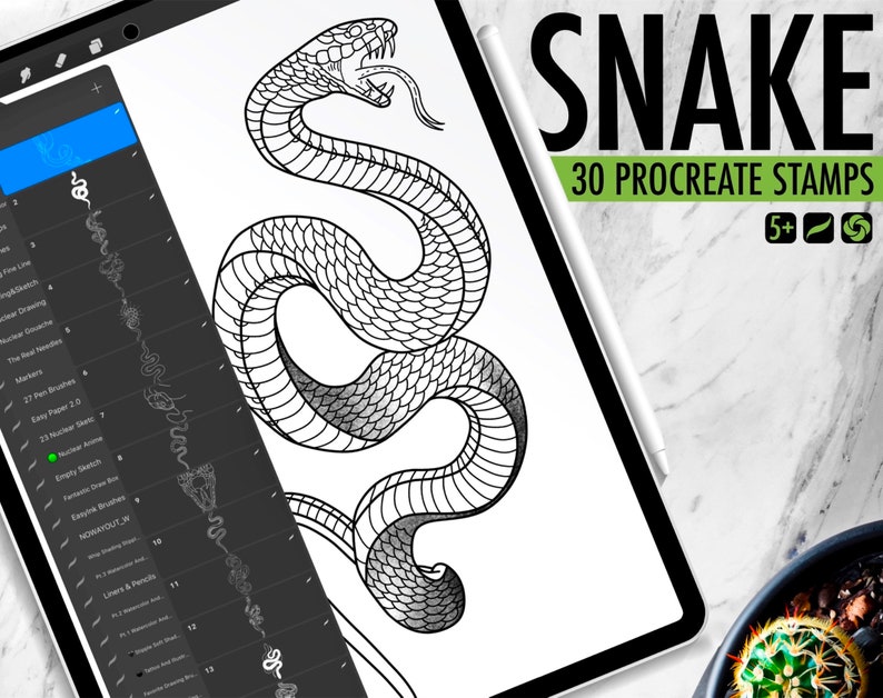 30 Snake Procreate Stamps, Procreate Snake Brushes, Procreate Snake Tattoo Stamps, Hand Drawn Procreate Brushes, Procreate, Snake, Tattoo image 1