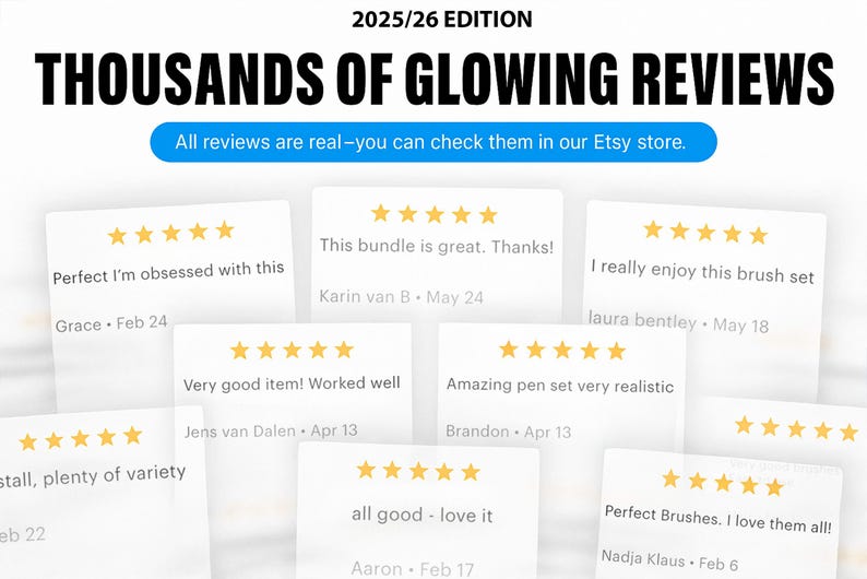 Op de afbeelding: Afbeelding met klantbeoordelingen met sterrenbeoordelingen. De tekst luidt "THOUSANDS OF GLOWING REVIEWS" en "All reviews are real-you can check them in our Etsy store." Er zijn verschillende beoordelingen zichtbaar, elk met 5 sterren.