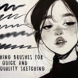 Peut inclure: Illustration en noir et blanc d'un visage de femme avec un texte superpos&eacute; qui dit "Sketching Brushes for Quick and High-Quality Sketching".