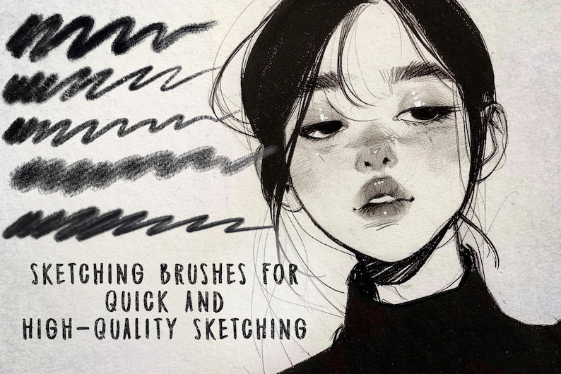 Peut inclure: Illustration en noir et blanc d'un visage de femme avec un texte superpos&eacute; qui dit "Sketching Brushes for Quick and High-Quality Sketching".