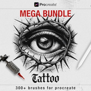 May include: A digital art design featuring a detailed eye within a crown of thorns, a tattoo machine, and a white stylus. The text reads "MEGA BUNDLE" and "Tattoo", with "300+ brushes for procreate".