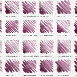 Peut inclure: Une collection de 20 pr&eacute;r&eacute;glages de pinceaux de crayon textur&eacute;s diff&eacute;rents pour l'art num&eacute;rique. Les pr&eacute;r&eacute;glages sont affich&eacute;s dans une grille avec le nom de chaque pr&eacute;r&eacute;glage en dessous. Les pr&eacute;r&eacute;glages sont tous dans des tons de rose et de violet.