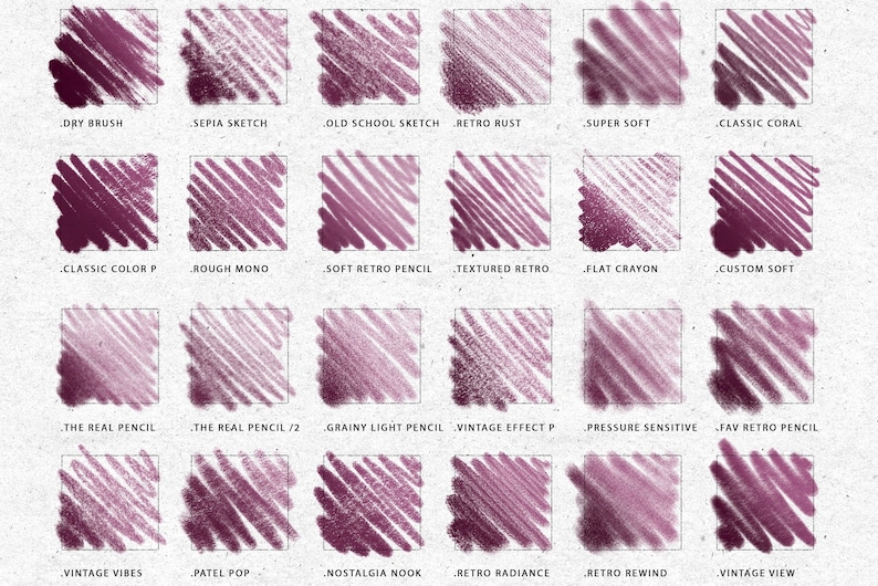 Peut inclure: Une collection de 20 pr&eacute;r&eacute;glages de pinceaux de crayon textur&eacute;s diff&eacute;rents pour l'art num&eacute;rique. Les pr&eacute;r&eacute;glages sont affich&eacute;s dans une grille avec le nom de chaque pr&eacute;r&eacute;glage en dessous. Les pr&eacute;r&eacute;glages sont tous dans des tons de rose et de violet.