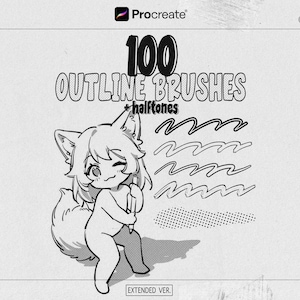 Peut inclure: Illustration en noir et blanc annonçant "100 Outline Brushes + halftones" pour Procreate. Un personnage de dessin animé avec des traits de renard tient un crayon, avec des exemples de traits de pinceau. Le texte comprend "2025/26 Edition" et "Extended Ver."