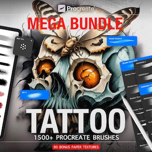 Könnte beinhalten: Digitales Kunstpaket für Procreate mit Tattoo-Thema. Das Bild zeigt einen Schädel mit Schmetterling, ein Tablet mit Pinselstrichen und mehrere Karten mit Pinselbeispielen. Der Text enthält "MEGA BUNDLE" und "TATTOO 1500+ PROCREATE BRUSHES".