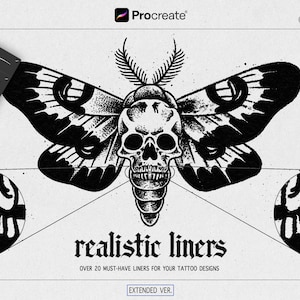 Puede incluir: Ilustraci&oacute;n en blanco y negro que presenta una calavera con alas de polilla, etiquetada como "realistic liners" para dise&ntilde;os de tatuajes. La imagen incluye ejemplos de trazos de pincel y el logotipo de Procreate.