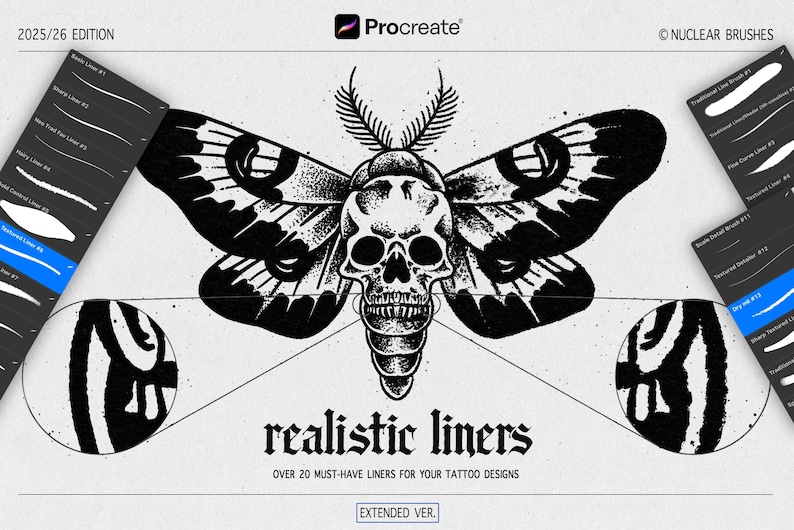 Puede incluir: Ilustraci&oacute;n en blanco y negro que presenta una calavera con alas de polilla, etiquetada como "realistic liners" para dise&ntilde;os de tatuajes. La imagen incluye ejemplos de trazos de pincel y el logotipo de Procreate.