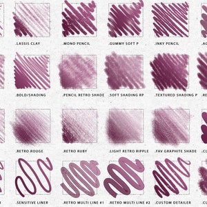 Peut inclure: Une collection de 18 coups de pinceau num&eacute;riques de couleur violet fonc&eacute;. Les coups de pinceau sont &eacute;tiquet&eacute;s avec des noms comme "Perfect Lines", "Lassis Clay", "Mond Pencil", "Gummy Soft P", "Inky Pencil", "Aqua Pencil", "Grainy", "Bold/Shading", "Pencil Retro Shade", "Soft Shading RP", "Textured Shading P", "Retro Rhapsody", "Light&Soft", "Retro Rouge", "Retro Ruby", "Light Retro Ripple", "Fav Graphite Shade", "Classic Liner", "Basic Detailer", "Sensitive Liner", "Retro Multi Line #1", "Retro Multi Line #2", "Custom Detailer", et "Classic Crayon F".