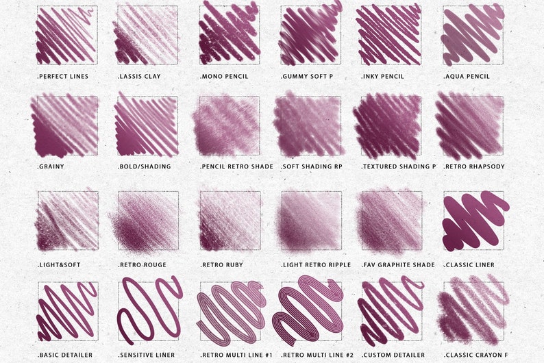 Peut inclure: Une collection de 18 coups de pinceau num&eacute;riques de couleur violet fonc&eacute;. Les coups de pinceau sont &eacute;tiquet&eacute;s avec des noms comme "Perfect Lines", "Lassis Clay", "Mond Pencil", "Gummy Soft P", "Inky Pencil", "Aqua Pencil", "Grainy", "Bold/Shading", "Pencil Retro Shade", "Soft Shading RP", "Textured Shading P", "Retro Rhapsody", "Light&Soft", "Retro Rouge", "Retro Ruby", "Light Retro Ripple", "Fav Graphite Shade", "Classic Liner", "Basic Detailer", "Sensitive Liner", "Retro Multi Line #1", "Retro Multi Line #2", "Custom Detailer", et "Classic Crayon F".