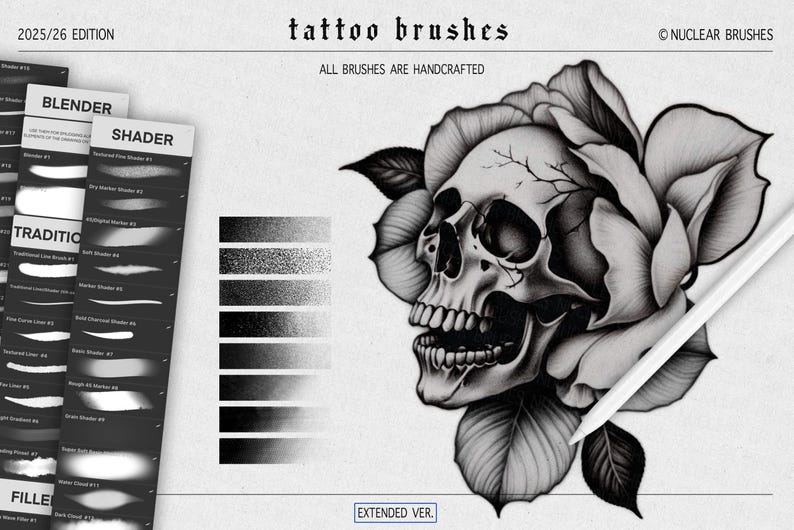 Puede incluir: Juego de pinceles de tatuaje digitales con una ilustraci&oacute;n de calavera y rosa. La imagen incluye un l&aacute;piz &oacute;ptico blanco, una muestra de degradado y tipos de pinceles etiquetados como "Blender", "Shader" y "Traditional". El texto dice "tattoo brushes" y "All brushes are handcrafted."