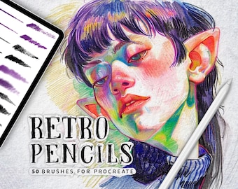 50 Retro Pencil Procreate Brushes, Procreate Sketch Brushes, Procreate Illustration Brushes, Procreate Drawing Brushes with Paper Texture