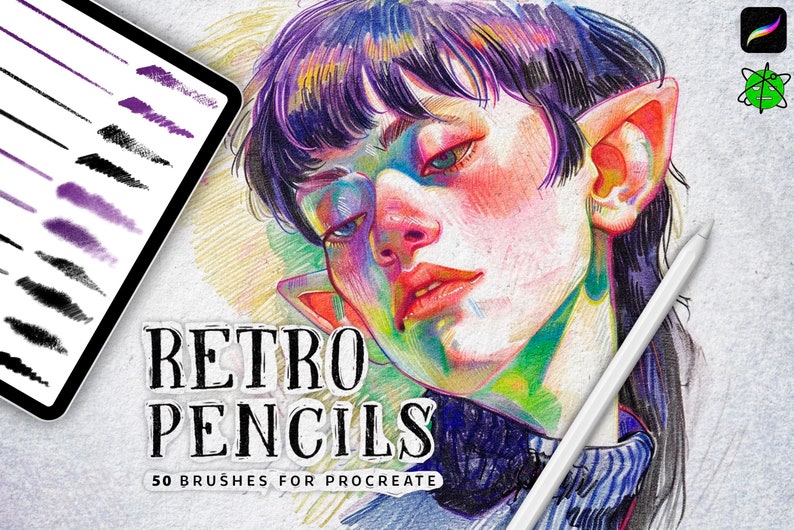 Peut inclure: Une illustration num&eacute;rique d'une personne aux cheveux violets sur un fond color&eacute; et textur&eacute;. L'image comprend le texte "Retro Pencils" et "50 Brushes for Procreate".