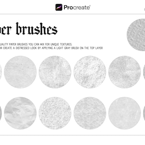 Puede incluir: Imagen que muestra 13 pinceles de papel para Procreate, con varias texturas mostradas en muestras circulares. El texto dice "13 paper brushes" y "Get 13 seamless, high-quality paper brushes you can mix for unique textures."
