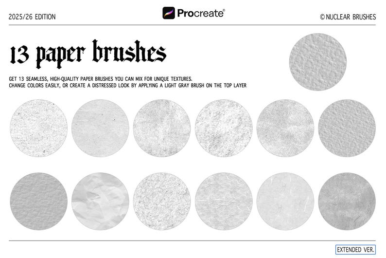 Puede incluir: Imagen que muestra 13 pinceles de papel para Procreate, con varias texturas mostradas en muestras circulares. El texto dice "13 paper brushes" y "Get 13 seamless, high-quality paper brushes you can mix for unique textures."