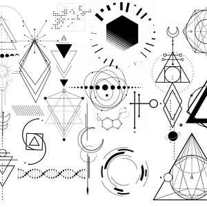 Może przedstawiać: Czarno-biała ilustracja cyfrowa przedstawiająca kształty geometryczne, w tym tr&oacute;jkąty, koła, sześciokąty i gwiazdy. Projekt jest abstrakcyjny i nowoczesny, z naciskiem na symetrię i r&oacute;wnowagę.