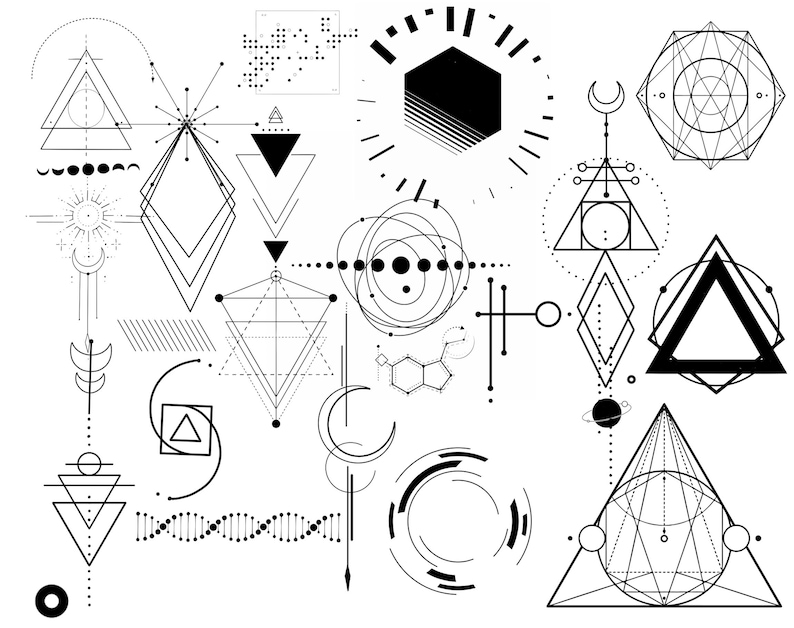 Może przedstawiać: Czarno-biała ilustracja cyfrowa przedstawiająca kształty geometryczne, w tym tr&oacute;jkąty, koła, sześciokąty i gwiazdy. Projekt jest abstrakcyjny i nowoczesny, z naciskiem na symetrię i r&oacute;wnowagę.