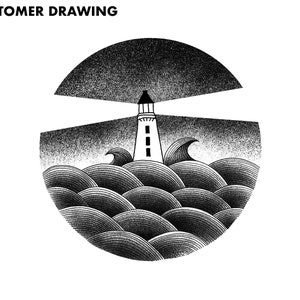 May include: Black and white illustration of a lighthouse with a beam of light shining out over a stormy sea.