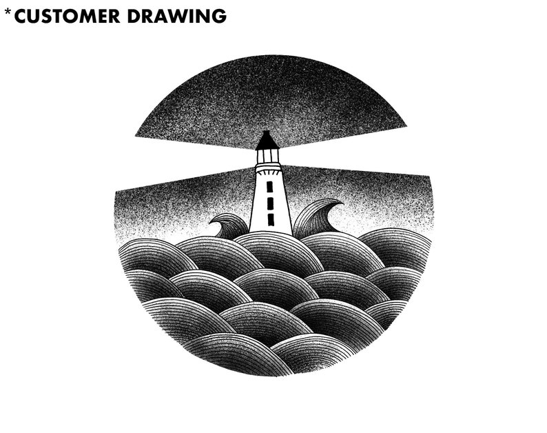 May include: Black and white illustration of a lighthouse with a beam of light shining out over a stormy sea.