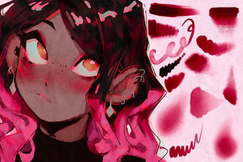 Puede incluir: Una ilustraci&oacute;n digital de una mujer con cabello rosa y negro, vistiendo una camisa negra. La mujer tiene piel morena y ojos amarillos. El fondo presenta una variedad de pinceladas rojas y rosas.